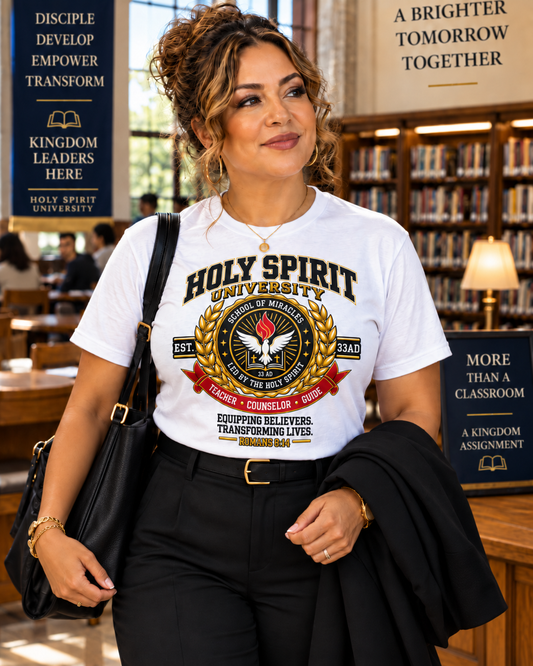 Holy Spirit University Crest Tee featuring a laurel wreath shield emblem and 'Est. 33 AD' banner, White