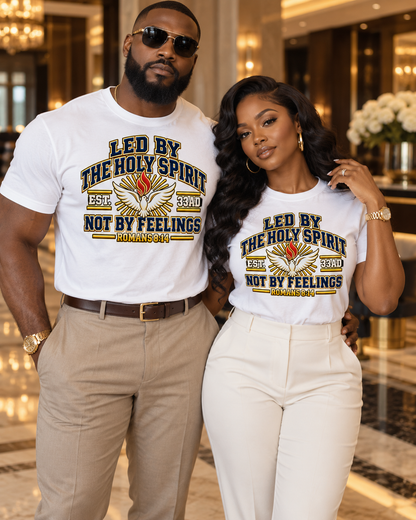 Led by the Holy Spirit, Not by Feelings Tee featuring Romans 8:14 varsity lettering and the HSU dove-and-flame graphic