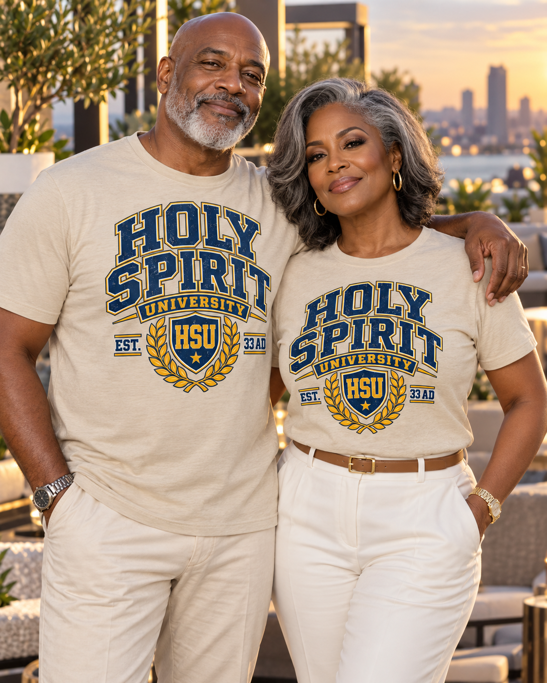 Holy Spirit University Emblem Tee featuring a dove and flame emblem above an open book, encircled in gold