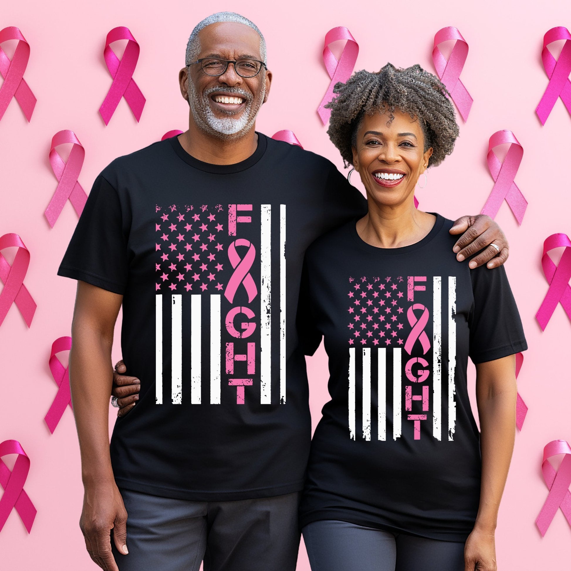 “Fight” American Flag Breast Cancer Awareness T-Shirt - Stay Up Pray Up