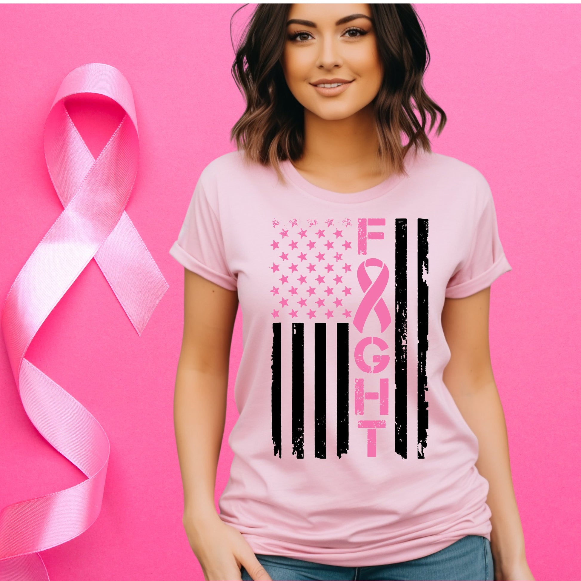 “Fight” American Flag Breast Cancer Awareness T-Shirt - Stay Up Pray Up