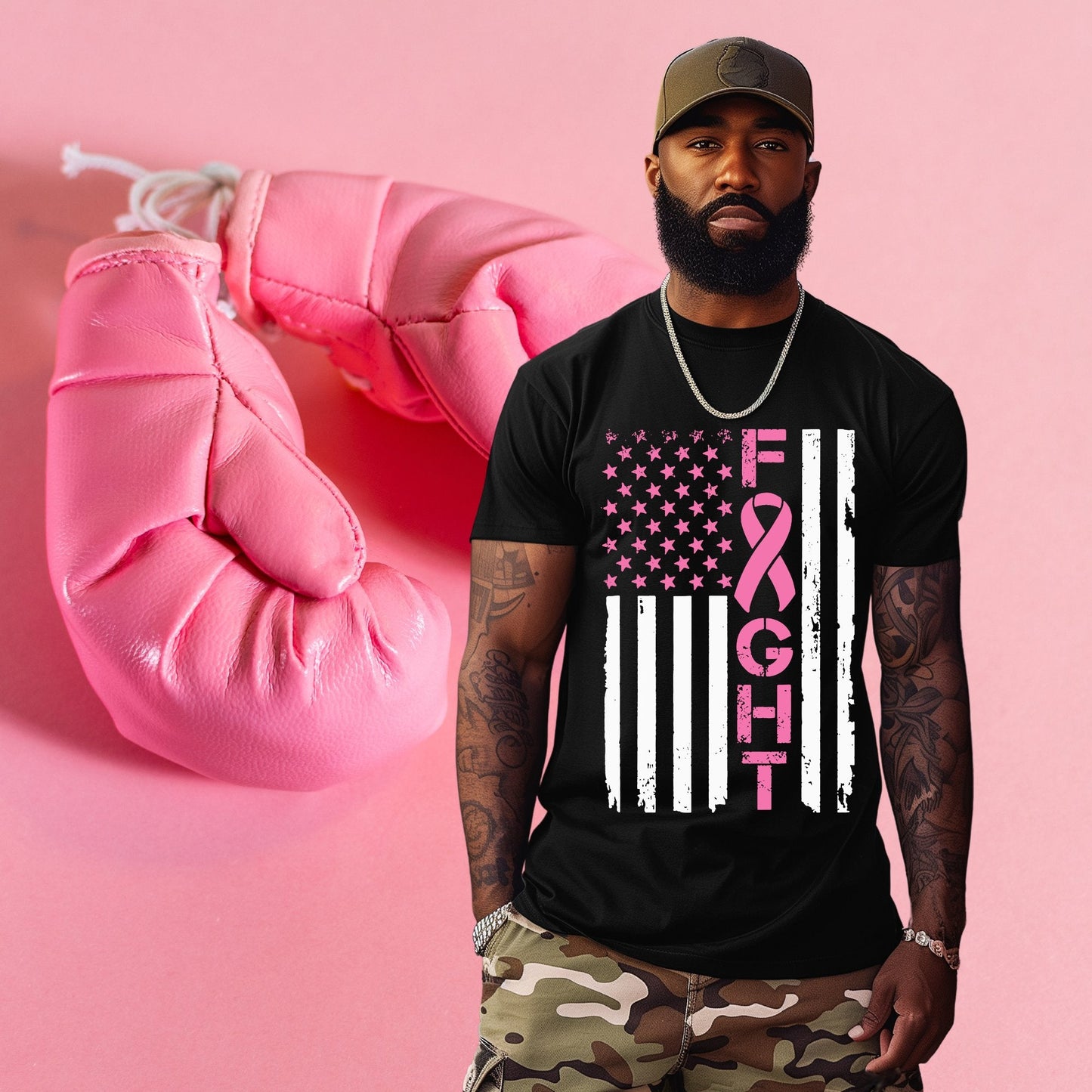 “Fight” American Flag Breast Cancer Awareness T-Shirt - Stay Up Pray Up