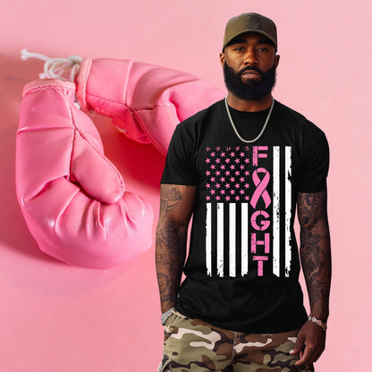 “Fight” American Flag Breast Cancer Awareness T-Shirt - Stay Up Pray Up