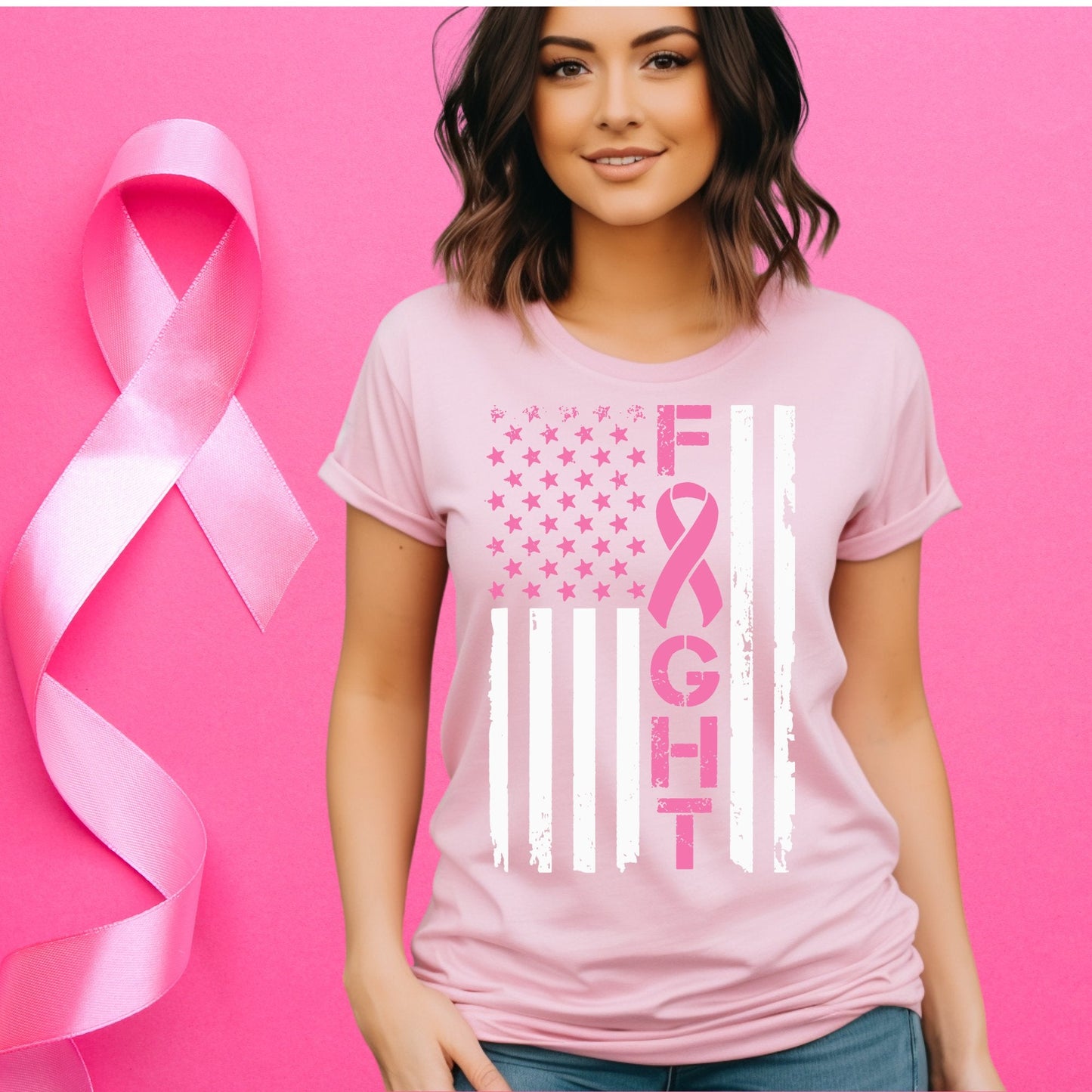 “Fight” American Flag Breast Cancer Awareness T-Shirt - Stay Up Pray Up