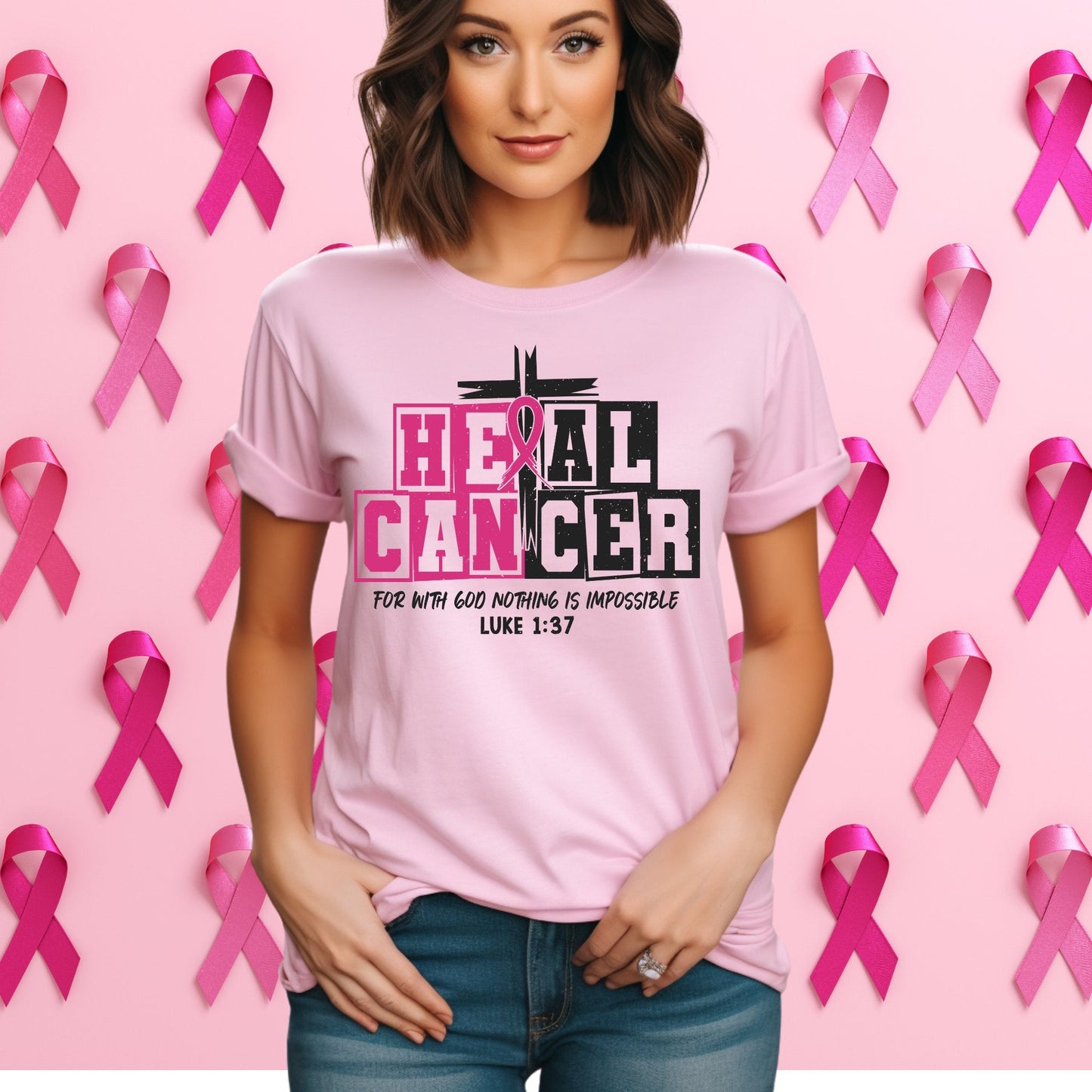 “Heal Cancer” Breast Cancer Awareness T-Shirt – Luke 1:37 - Stay Up Pray Up