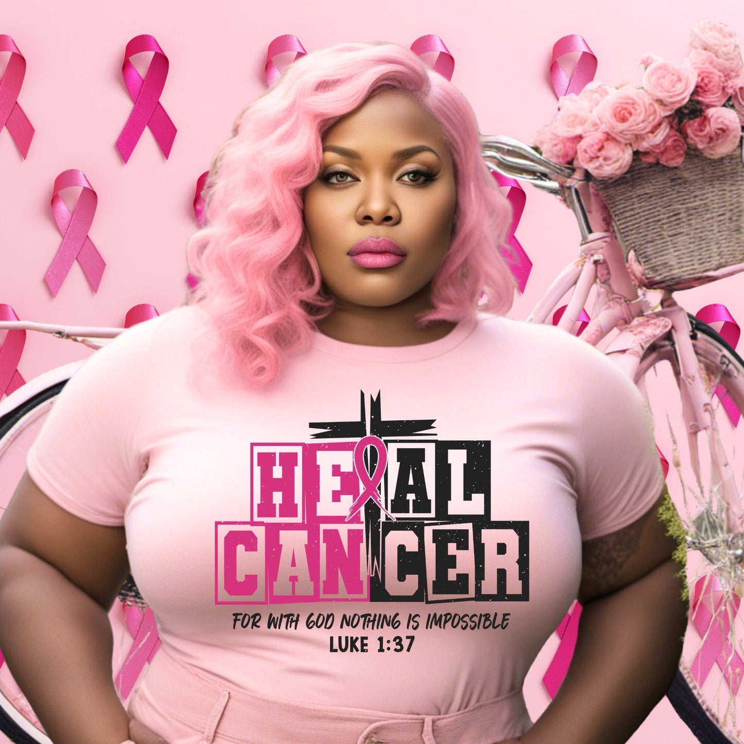 “Heal Cancer” Breast Cancer Awareness T-Shirt – Luke 1:37 - Stay Up Pray Up